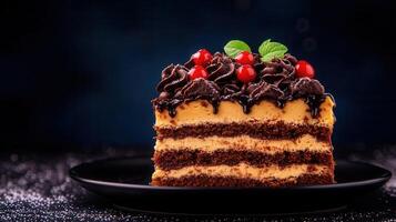 Deliciously indulgent chocolate cake topped with fresh cherries and whipped cream on a decorative plate photo