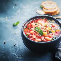 Bowl of warm soup accompanied by fresh bread for a comforting and nourishing meal experience photo