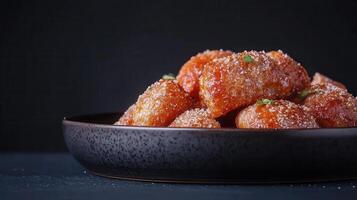 Tempting bowl of sugar coated dough balls perfect for snacking or dessert ideal for sweet tooth lovers everywhere photo