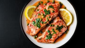 Exquisite plate of fresh salmon garnished with lemon slices perfectly arranged for an elegant dining experience photo