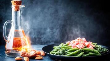 Plate of flavorful food accompanied by a bottle of oil for drizzling enhancing the culinary experience and taste photo
