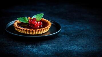 Decadent dessert beautifully presented on a sleek black plate with elegant details for a striking visual experience photo