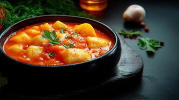A colorful bowl of vegetable soup surrounded by fresh ingredients and herbs for a healthy and wholesome meal option photo