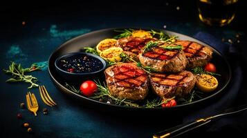 Colorful plate of food featuring savory meat and fresh vegetables creating a nutritious and delicious meal presentation photo