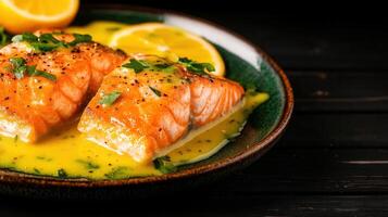 A delicious plate of salmon accompanied by fresh ingredients and artfully arranged for a healthy dining experience photo