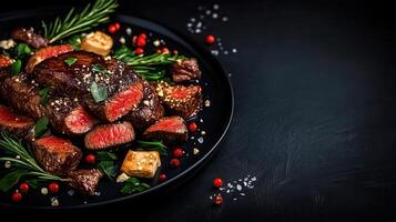 A hearty plate of steak accompanied by colorful vegetables offering a delicious and nutritious meal for any occasion photo