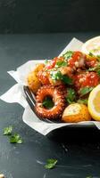 Flavorful plate of food garnished with lemons and sauce for a zesty and inviting dining experience with friends photo
