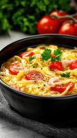 A cozy bowl of chicken noodle soup loaded with tender chicken, fresh vegetables, and flavorful broth for comforting meals photo