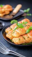 Stylish plate of food accompanied by a fork on a table for a cozy dining experience with modern aesthetic photo