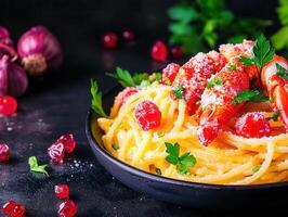 Vibrant bowl of spaghetti tossed with ripe tomatoes and fresh parsley creating a colorful and flavorful meal photo