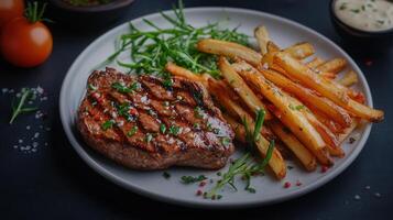 Sizzling juicy steak accompanied by crispy french fries served on a white plate for a delicious meal experience photo