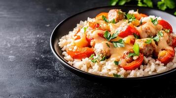 A wholesome bowl of rice topped with succulent meat and fresh vegetables for a balanced and nutritious meal photo