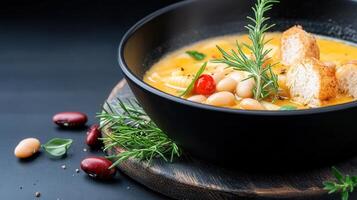 A bowl of hearty soup accompanied by fresh bread and colorful vegetables for a nourishing and satisfying meal experience photo