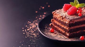 Luxurious chocolate cake garnished with fresh raspberries displayed on a plate emphasizing its rich flavor and texture photo