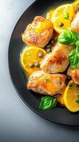 Flavorful plate of grilled chicken garnished with fresh lemons and aromatic herbs served for a nutritious meal photo