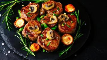 A colorful plate of food featuring fresh mushrooms and seasonal vegetables for a nutritious and wholesome meal photo