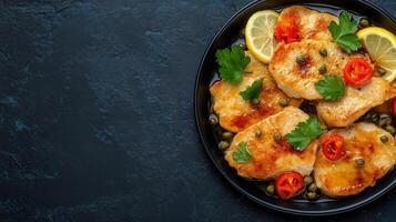 Flavorful plate of food featuring juicy lemons and ripe tomatoes presented on a rustic wooden table setting photo