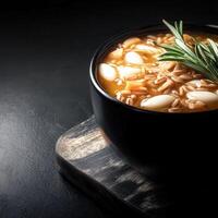 Hearty bowl of bean soup garnished with fresh herbs on a rustic wooden table for a nutritious and comforting meal photo
