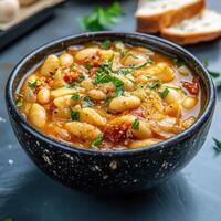A warm and comforting bowl of minestrone soup filled with fresh vegetables, perfect for a hearty and nutritious meal photo