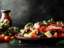 A vibrant salad overflowing with fresh tomatoes, sweet corn, and a variety of colorful vegetables for a healthy delight photo