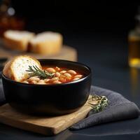A cozy bowl of delicious soup accompanied by a slice of freshly baked bread, perfect for a comforting meal experience photo
