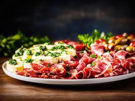 A hearty plate of succulent meat accompanied by fresh vegetables, artfully presented for a satisfying and flavorful meal photo