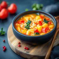Delicious bowl of minestrone soup loaded with fresh tomatoes and parsley on a rustic wooden table for warmth photo