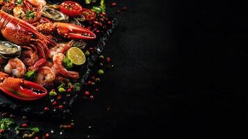 An elegant plate of gourmet food presented on a sleek black surface to highlight the colors and textures of the dish photo