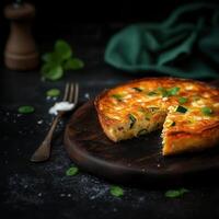 Savory quiche served on a rustic wooden plate, perfect for brunch or a light meal with fresh ingredients and flavors photo