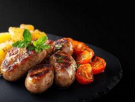 Hearty plate of flavorful meat accompanied by fresh vegetables creating a wholesome and satisfying meal experience photo