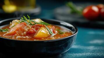 Flavorful bowl of tomato soup served hot with a rich red color and fresh ingredients for a comforting dining experience photo