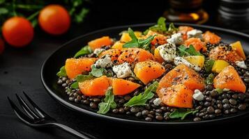 Elegant plate of delicious food set on a beautifully decorated table ready for a memorable dining experience photo