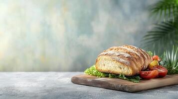 Artisan loaf of bread surrounded by fresh tomatoes and crisp lettuce creating a delicious and healthy meal display photo