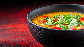 Freshly prepared bowl of vegetable soup filled with colorful veggies served on a table for a nutritious and tasty meal photo