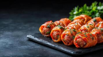 A generous plate of stuffed meat filled with flavorful ingredients and accompanied by tasty sides for a hearty meal photo