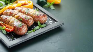 A colorful plate of delicious meat and fresh vegetables artfully arranged for a nutritious and flavorful meal photo