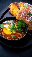 Warm and comforting bowl of rich soup accompanied by freshly baked bread on a cozy wooden dining table photo