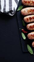A mouthwatering plate of sausages garnished with fresh basil leaves for a flavorful and aromatic culinary delight photo