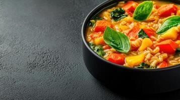 Colorful bowl of vegetable soup brimming with fresh ingredients served on a rustic table for a nutritious dining experience photo