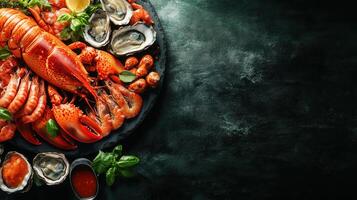 A generous plate of seafood featuring an assortment of freshly caught fish, shrimp, and shellfish perfect for sharing photo
