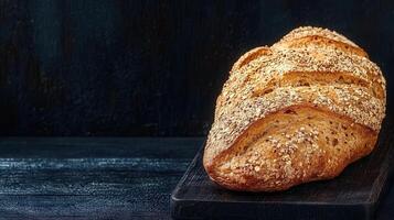 Freshly baked loaf of bread resting on a rustic wooden board with natural grain patterns showcasing artisan quality photo