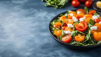 Vibrant salad bowl filled with fresh tomatoes and crispy fescue leaves for a nutritious and delicious meal photo