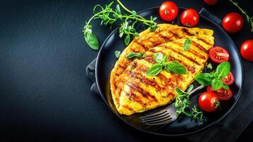 A colorful plate of fresh food featuring juicy red tomatoes and a silver fork on a simple white surface ready to eat photo