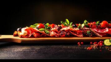Rustic wooden cutting board featuring a bountiful display of juicy tomatoes and crisp cucumbers for cooking photo