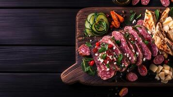 Assorted food array on a wooden cutting board featuring a variety of colorful ingredients for meal preparation photo