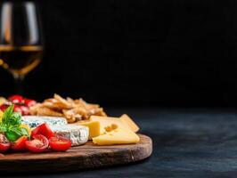 Elegant cheese platter accompanied by a glass of fine wine perfectly designed photo