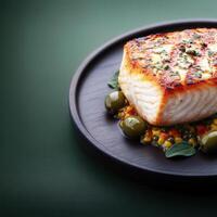 Delicious and artfully presented fish dish on a white plate surrounded by fresh vegetables and aromatic herbs photo