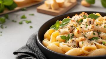 Delicious bowl of pasta with parise topped with fresh herbs and olive oil served on a rustic wooden table setting photo