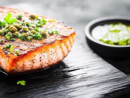 Exquisite piece of salmon beautifully presented on a black plate surrounded by garnishes for an elegant dining experience photo