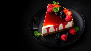 A tempting slice of cheese cake topped with fresh berries and a fork for a delightful dessert presentation photo